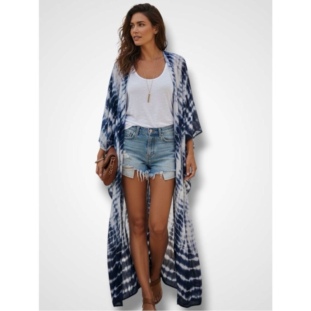 Blue & White Tie Dye Maxi Kimono Duster – One Size NWT